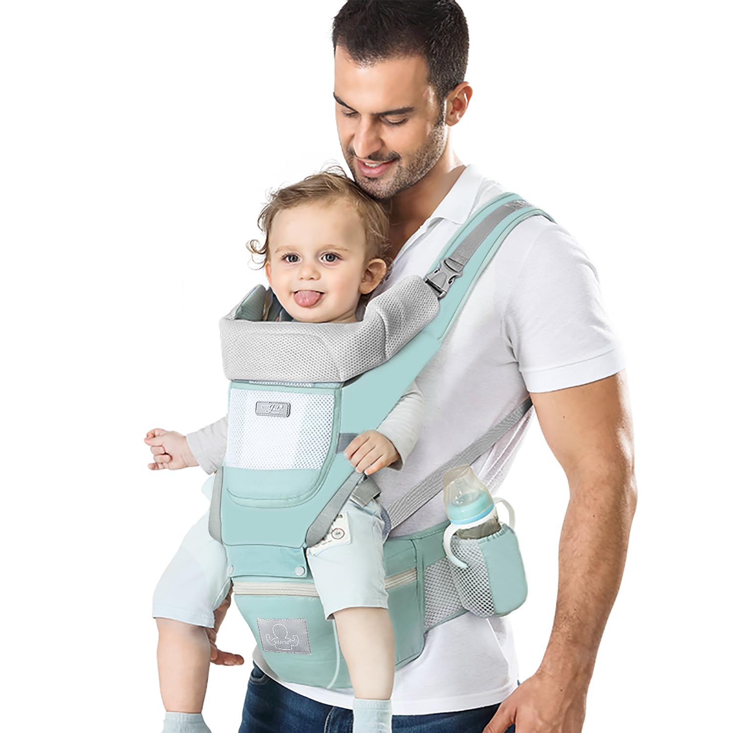 YSSKTC baby carrier front view shows comfortable everyday use for newborn to toddler.