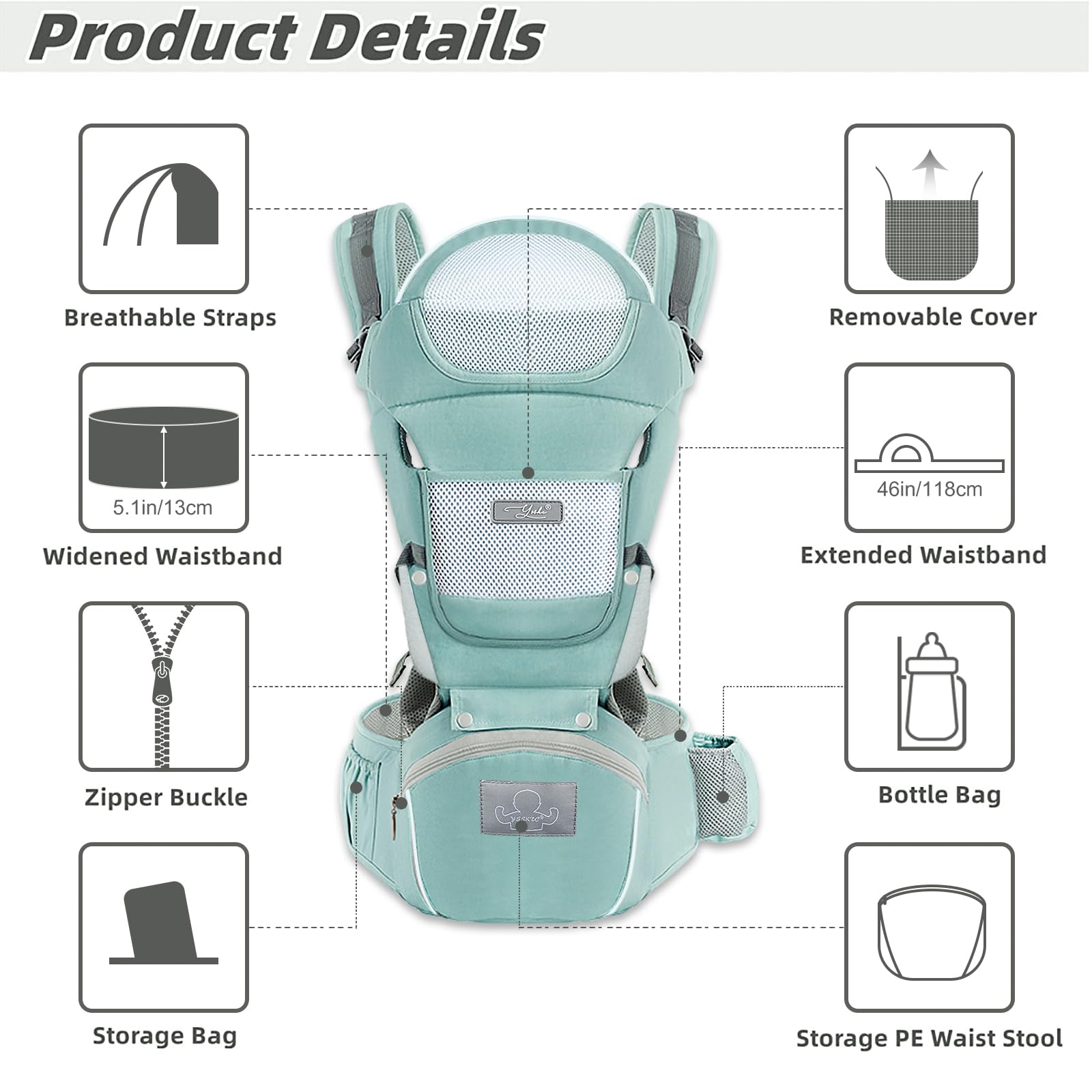 YSSKTC baby carrier hip seat focuses on ergonomic support and secure infant positioning.