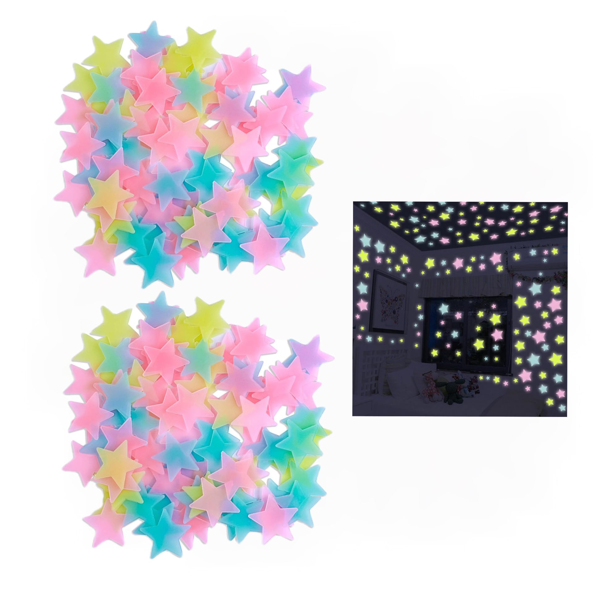 YSSZAM 100pcs colorful glow-in-the-dark stars illuminating a kid's wall for bedtime ambiance
