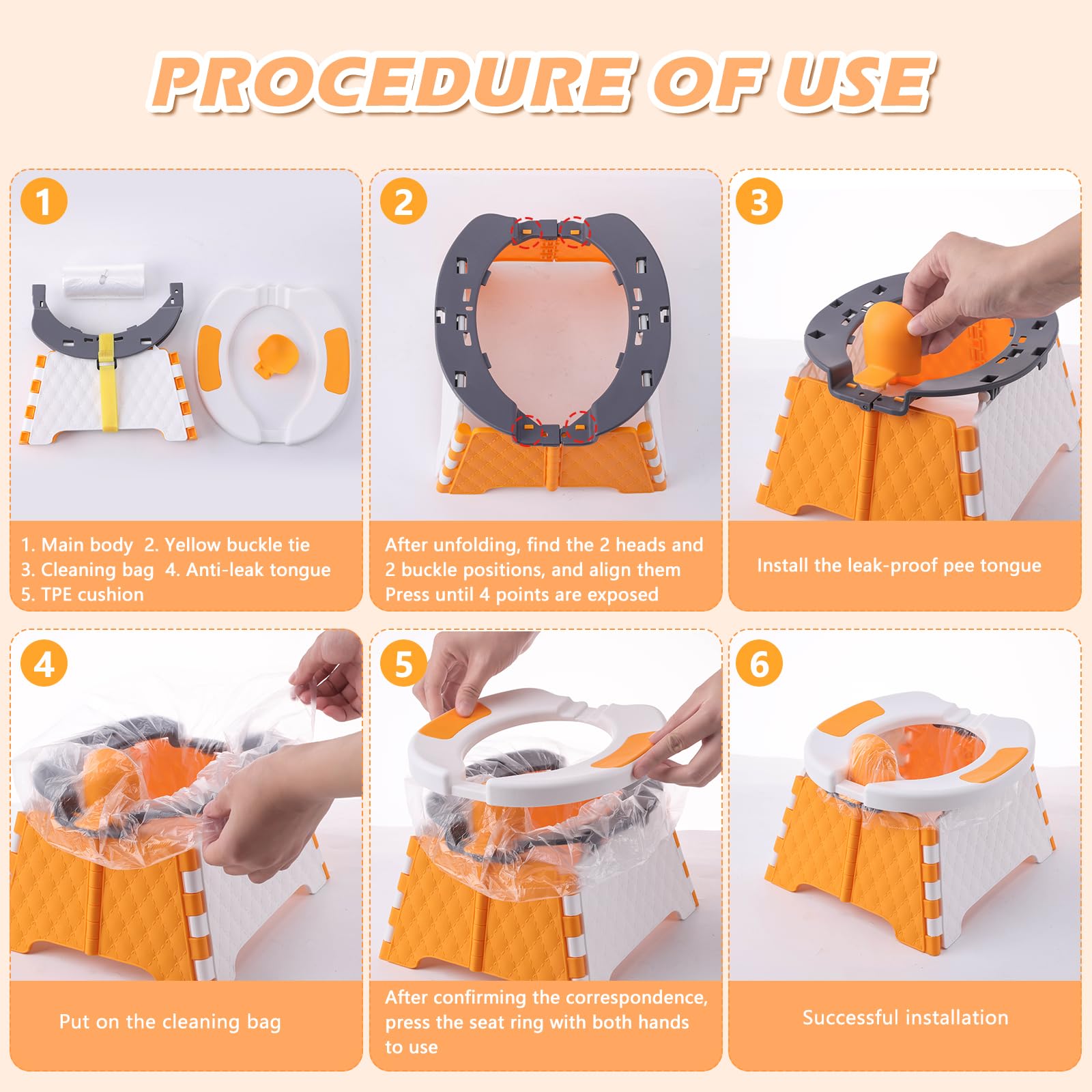Yszawmx portable potty orange cleaning-bags illustrate quick, hygienic cleanup after use