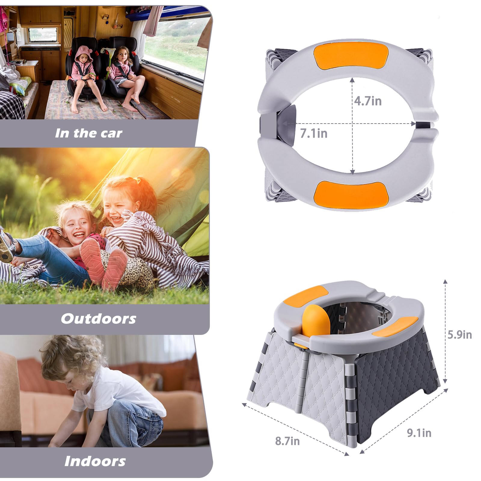 Yszawmx portable potty travel seat gray close-up highlighting durable PP+TPE build
