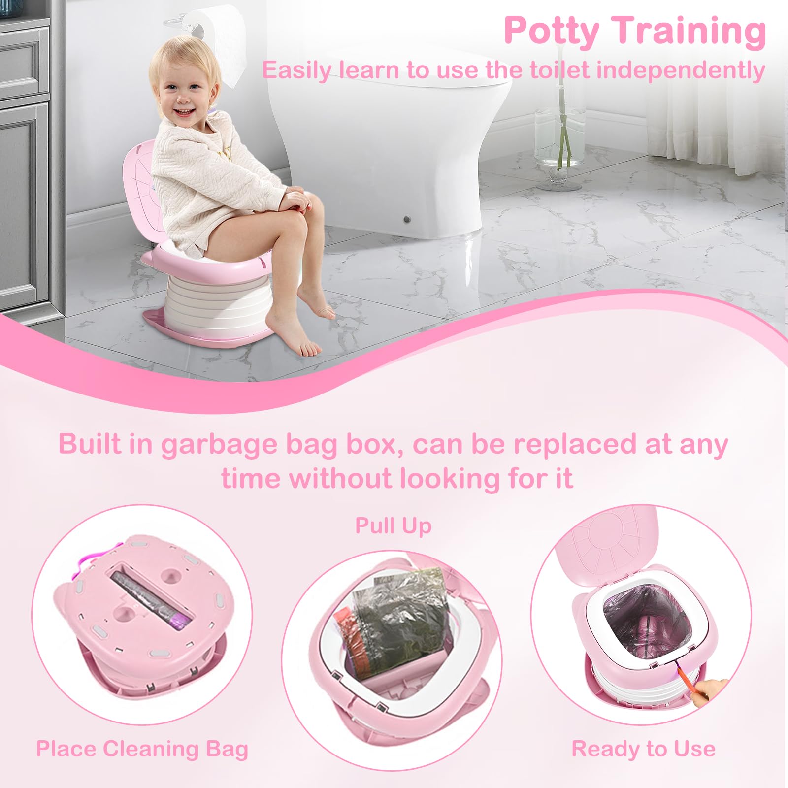 Yszawmx travel potty open in pink, ready for toddler toilet use during trips.