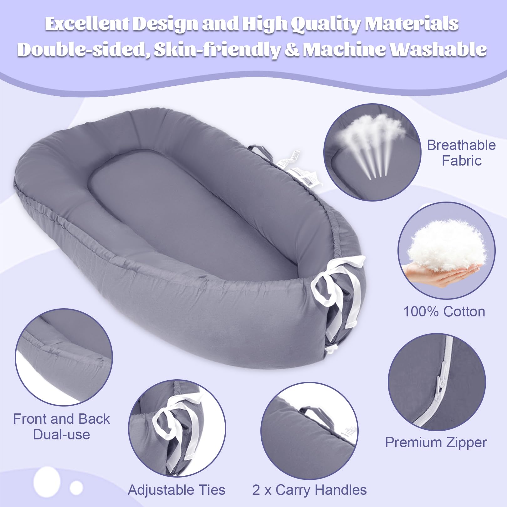 YTUGNE Baby Lounger mattress detail showing full elastic organic cotton