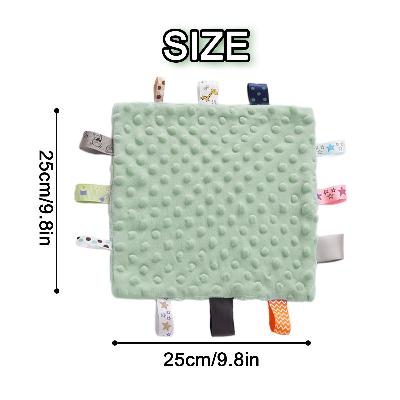 Yufiova Mint green taggie blanket surface emphasizes colorful tags for sensory exploration.