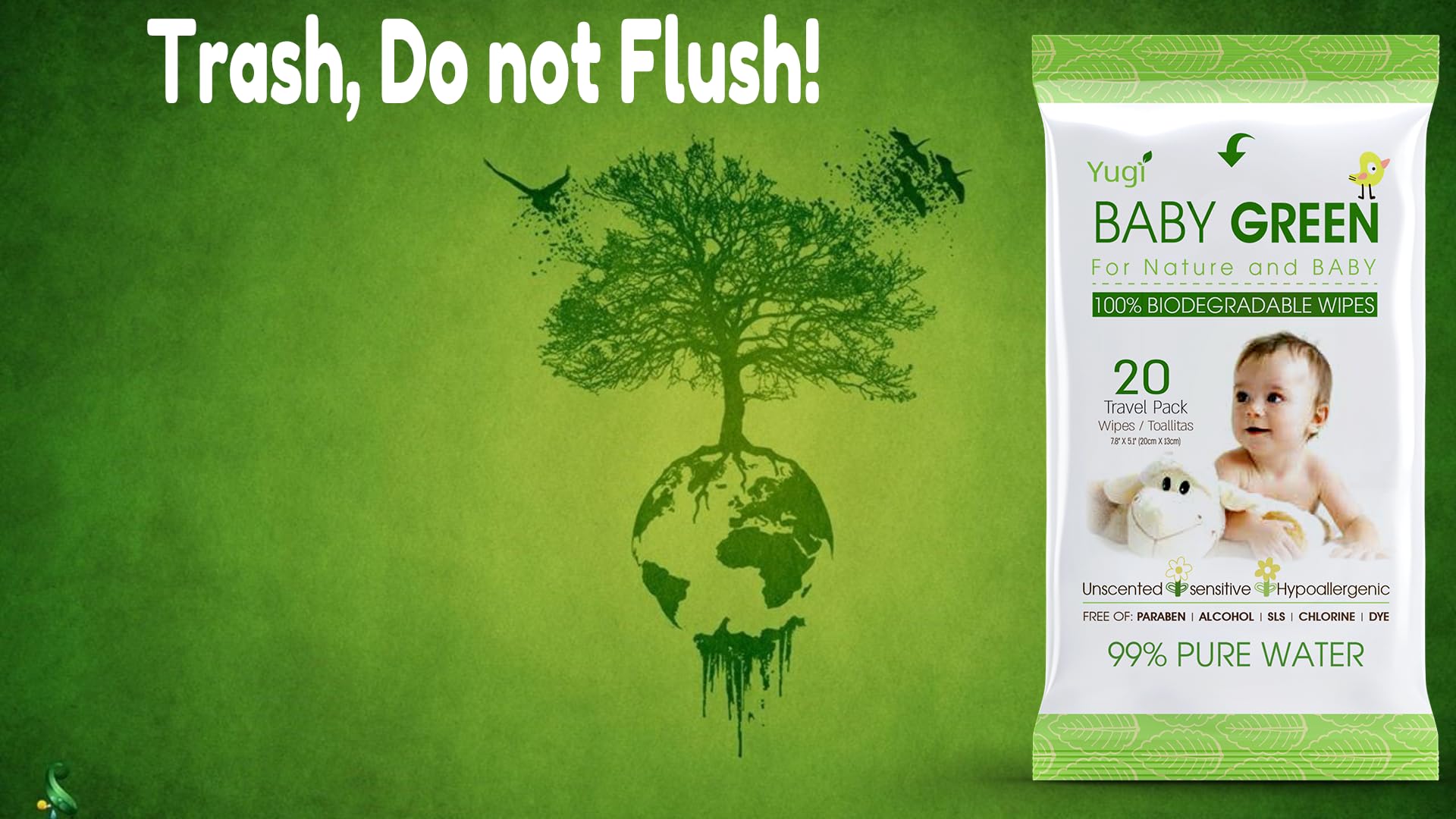 Yugi Baby Green Wipes 12-pack multipack ready for family trips.