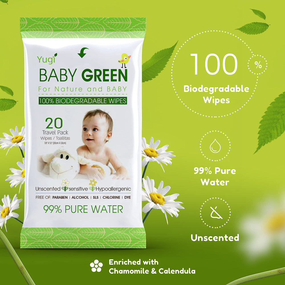 Yugi Baby Green Wipes moistened with water close-up for gentle care.