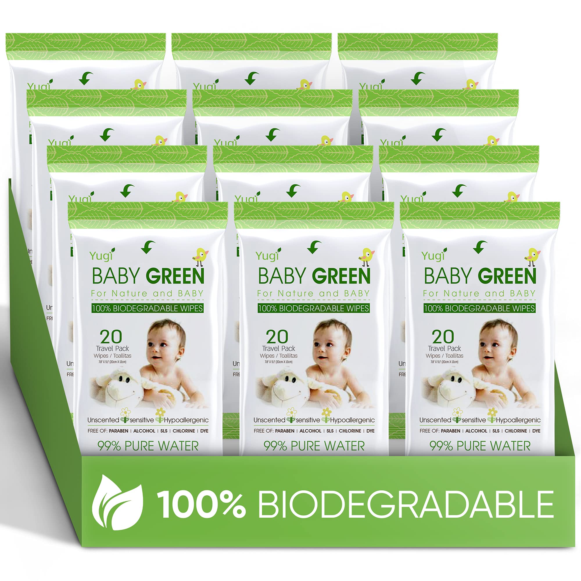 Yugi Baby Green Wipes Travel Pack front view for on-the-go cleaning.