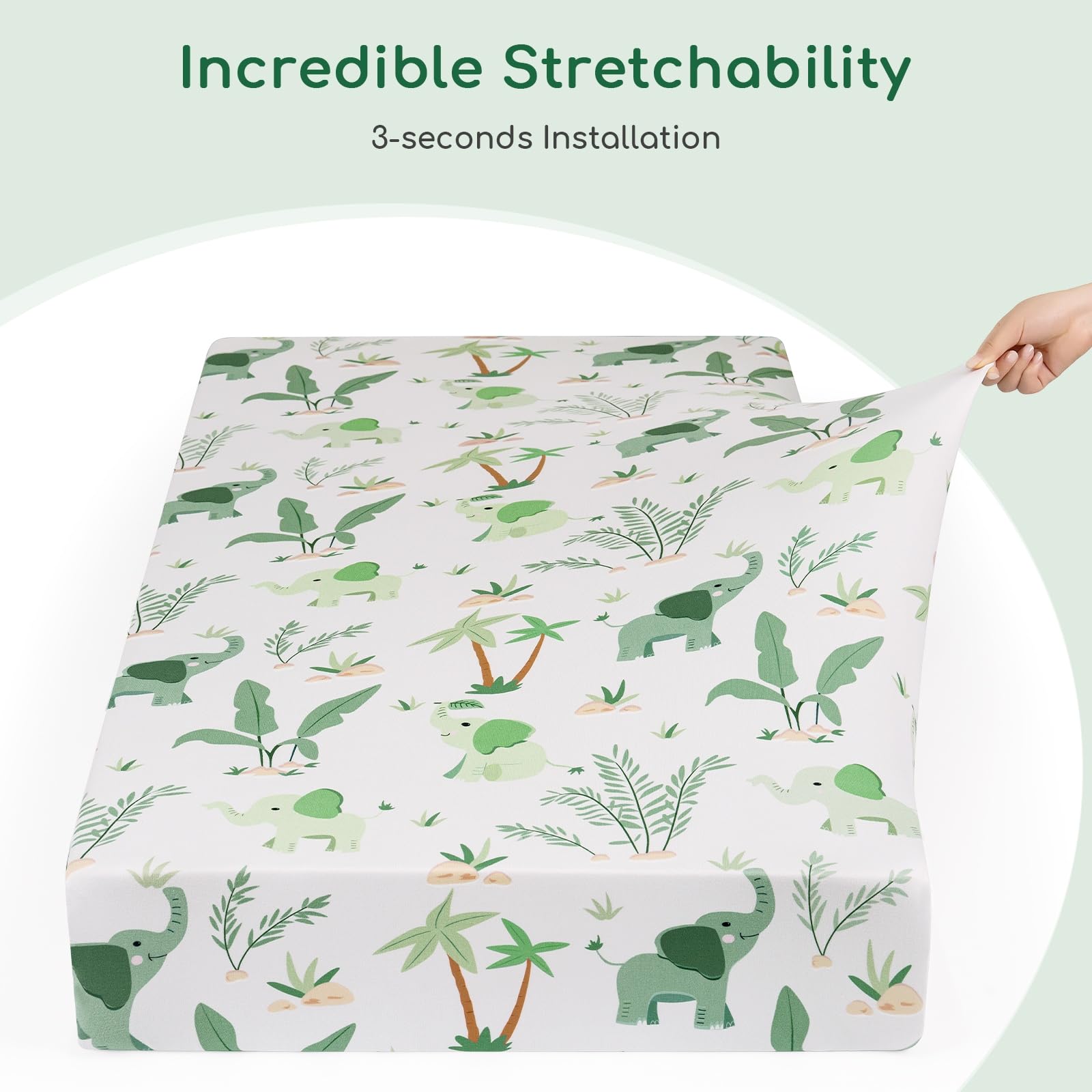 Yukkidds green elephant prints create a calming nursery vibe