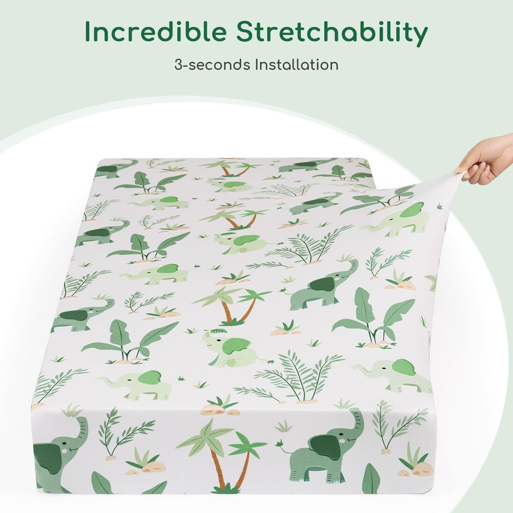 Yukkidds green elephant prints create a calming nursery vibe