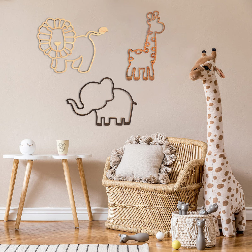 Yulejo safari giraffe wall decor on wood brightens a nursery with whimsy.