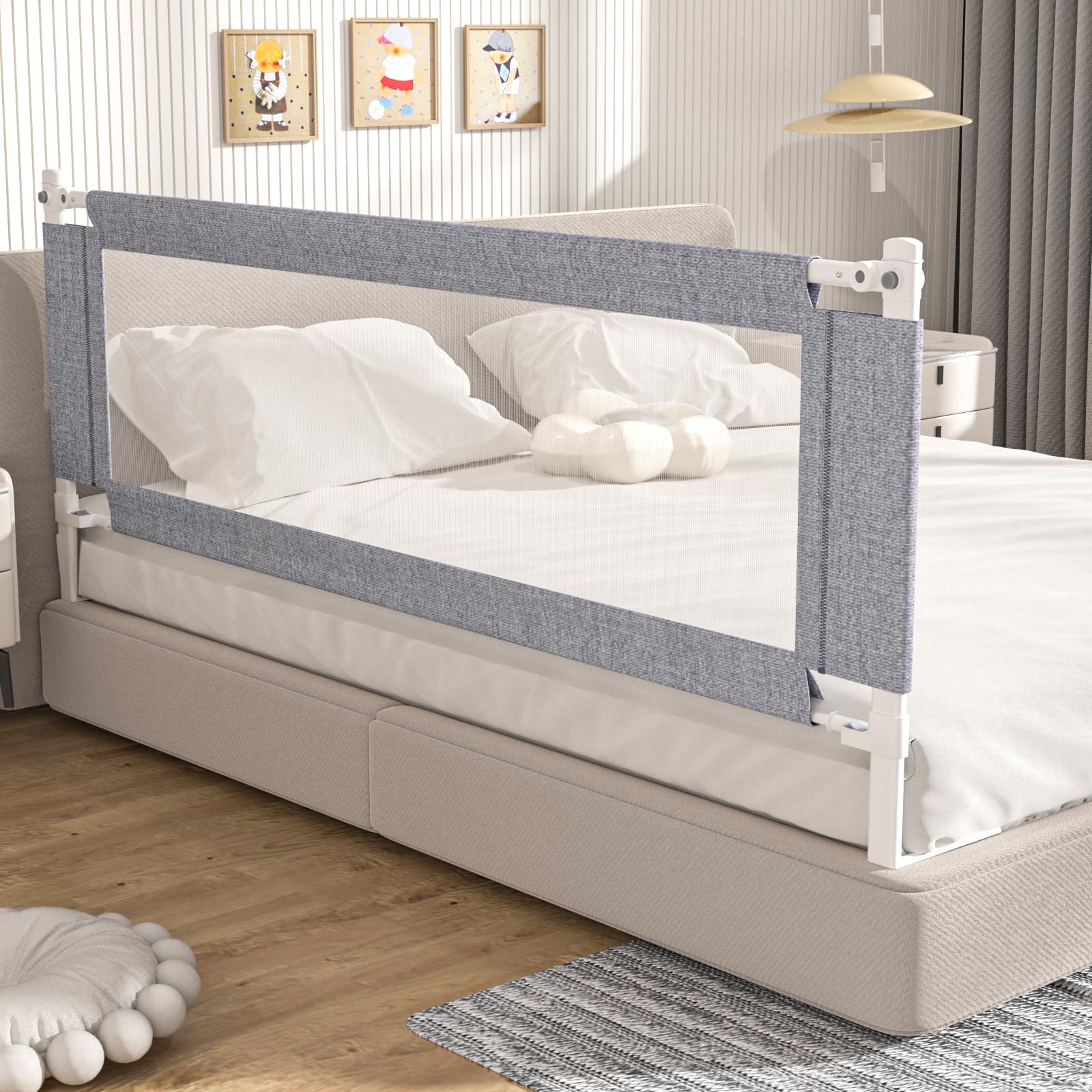 Yulongtengfei bed rail guard side view shows toddlers' protection during bedtime routines