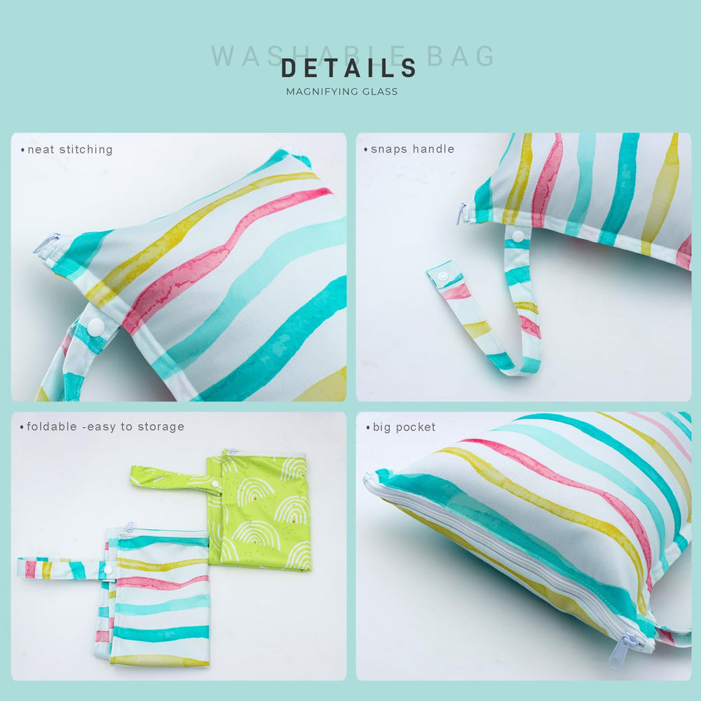 YULUONAPS wet bag with snap handle attached to stroller for hands-free outings.