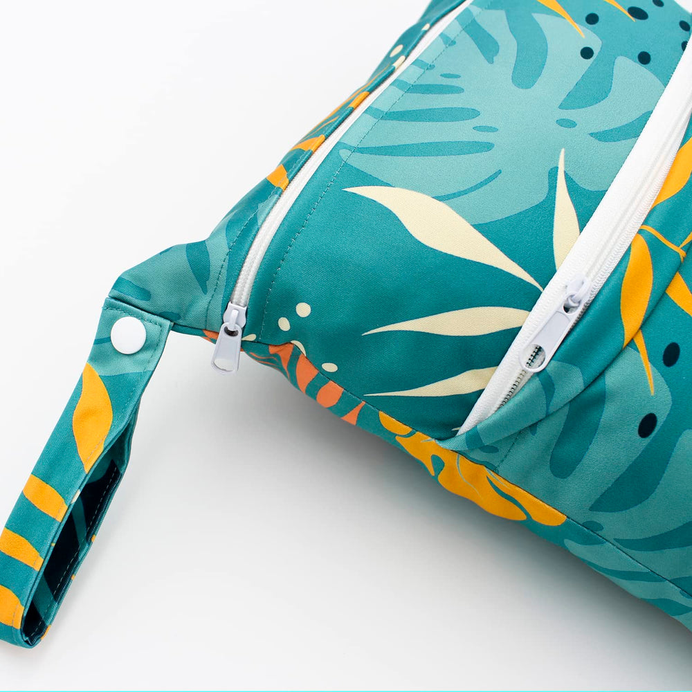 YULUONAPS wet bag green leaf close-up fabric showing waterproof coating
