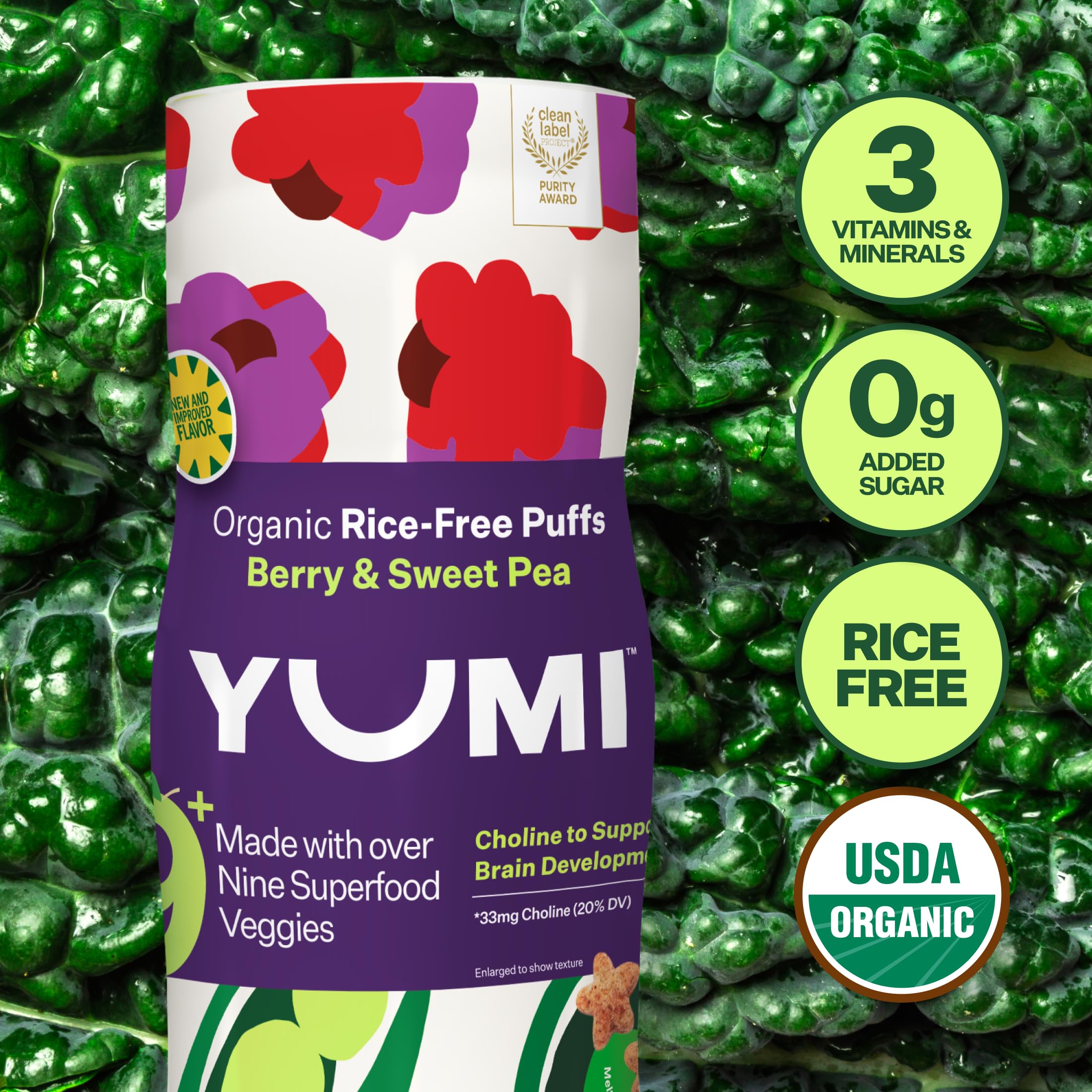YUMI Rice-Free Baby Puffs calcium-focused formula supports growing bones.