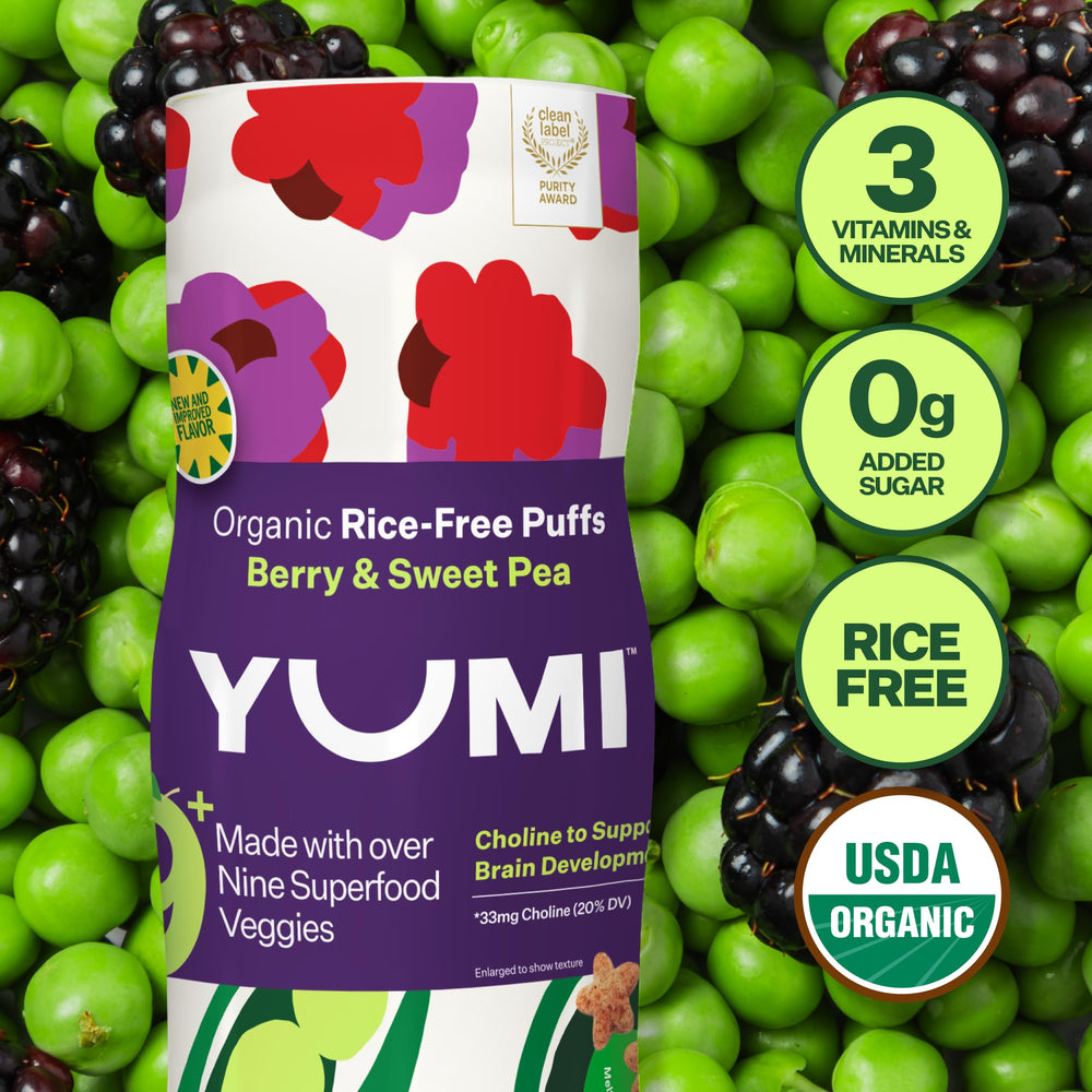 YUMI Rice-Free Baby Puffs gluten-free and dairy-free snack option.