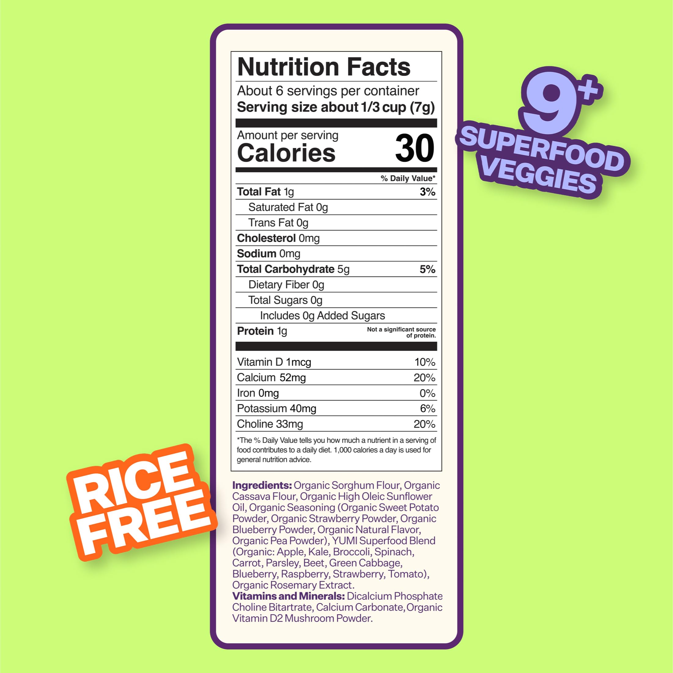 YUMI Rice-Free Baby Puffs Sweet Pea 6ct offers gluten-free plant-based munching.