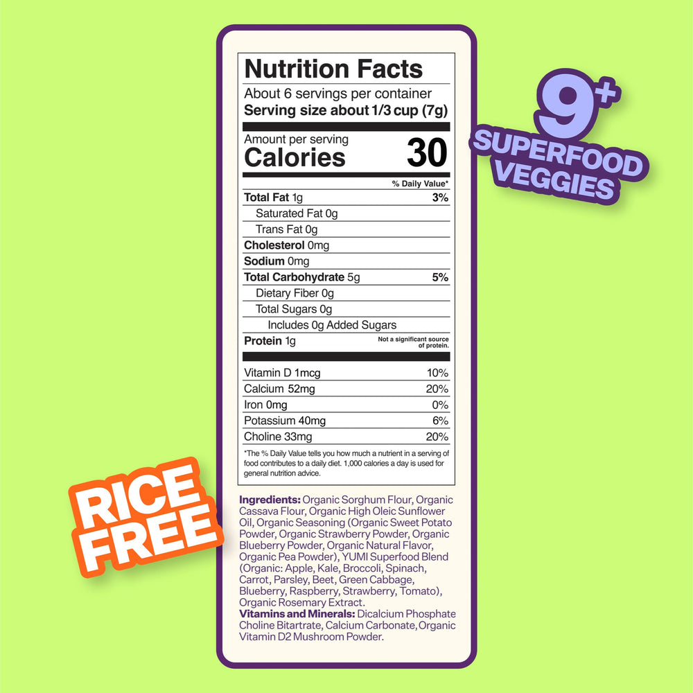 YUMI Rice-Free Baby Puffs Sweet Pea 6ct offers gluten-free plant-based munching.