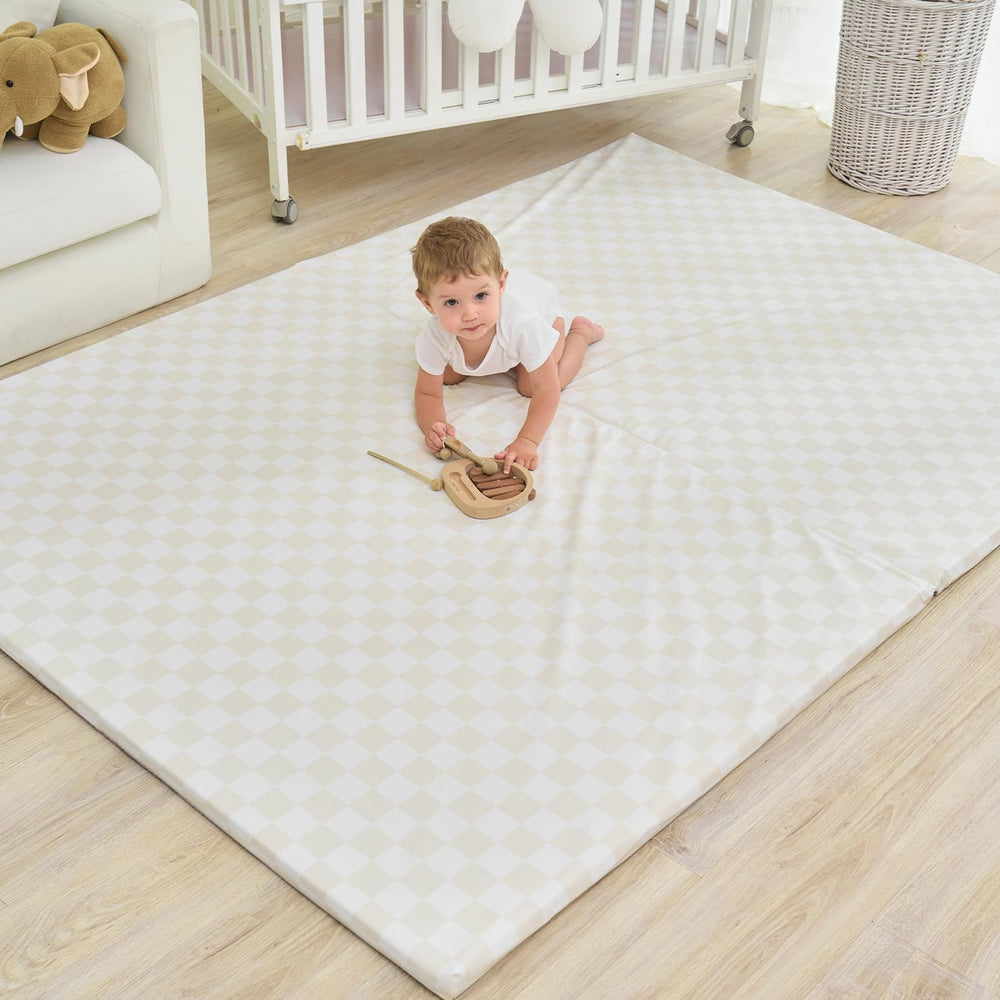 Yumiio beige checker play mat closeup showcasing large surface for safe floor play.