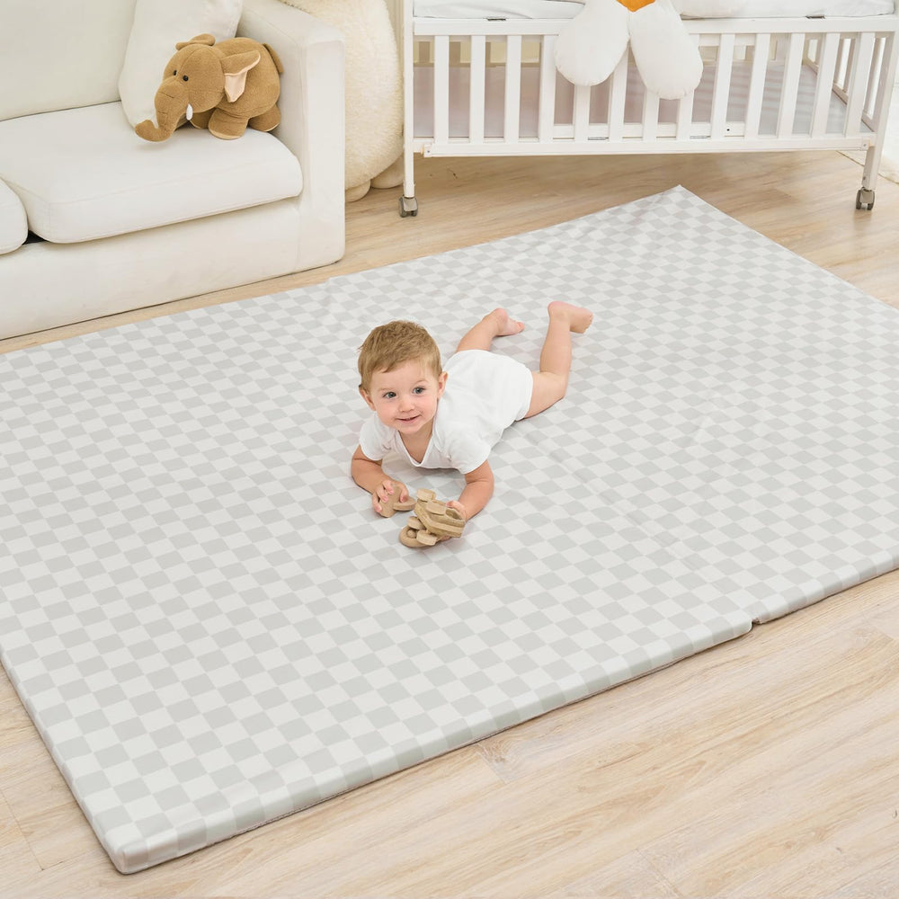 Yumiio large vegan leather baby play mat grey checker full view for safe, spacious play.