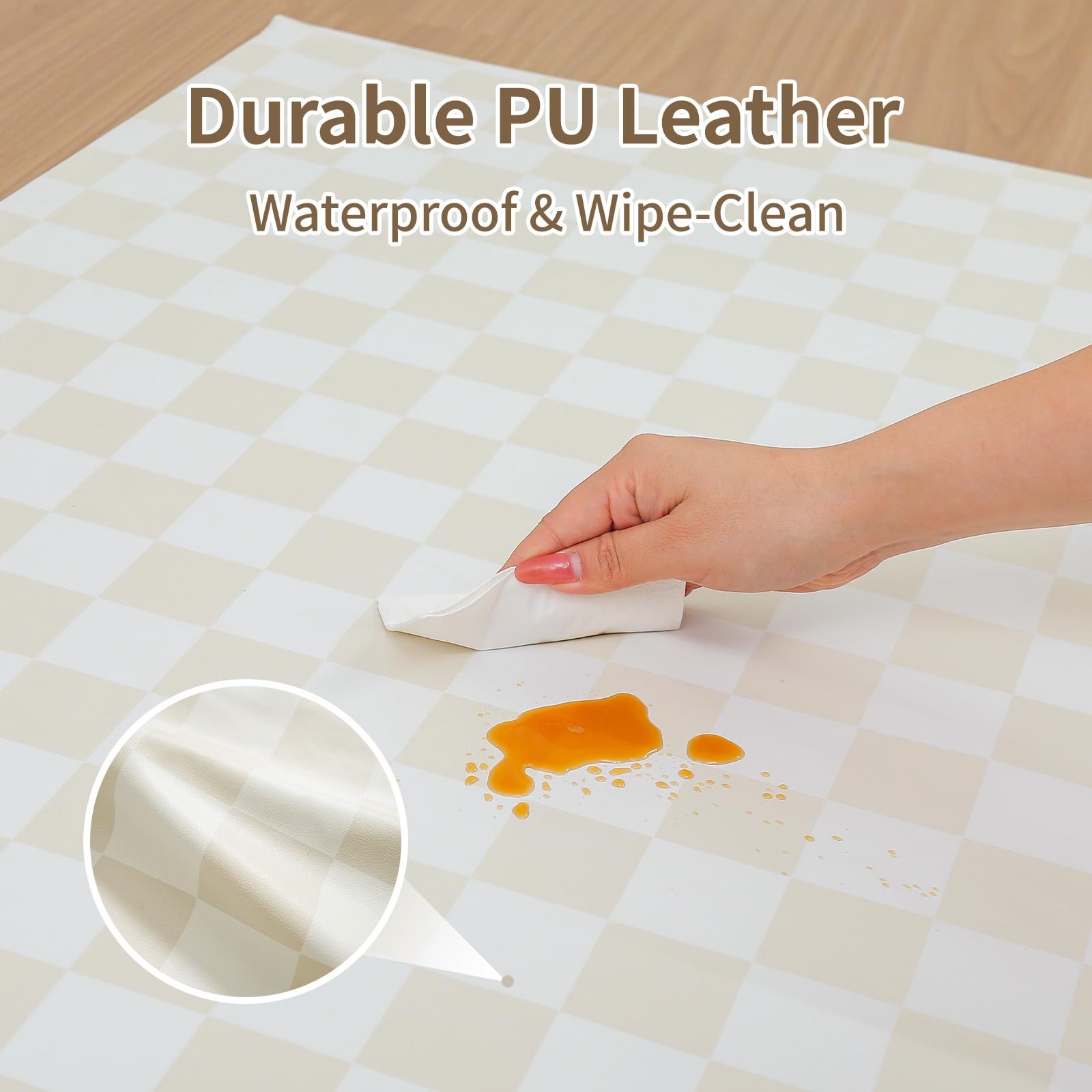 Yumiio vegan leather cushion closeup highlights 1.3-inch padding for comfortable crawling.