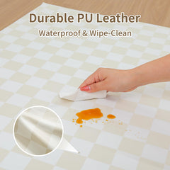 Yumiio vegan leather cushion closeup highlights 1.3-inch padding for comfortable crawling.