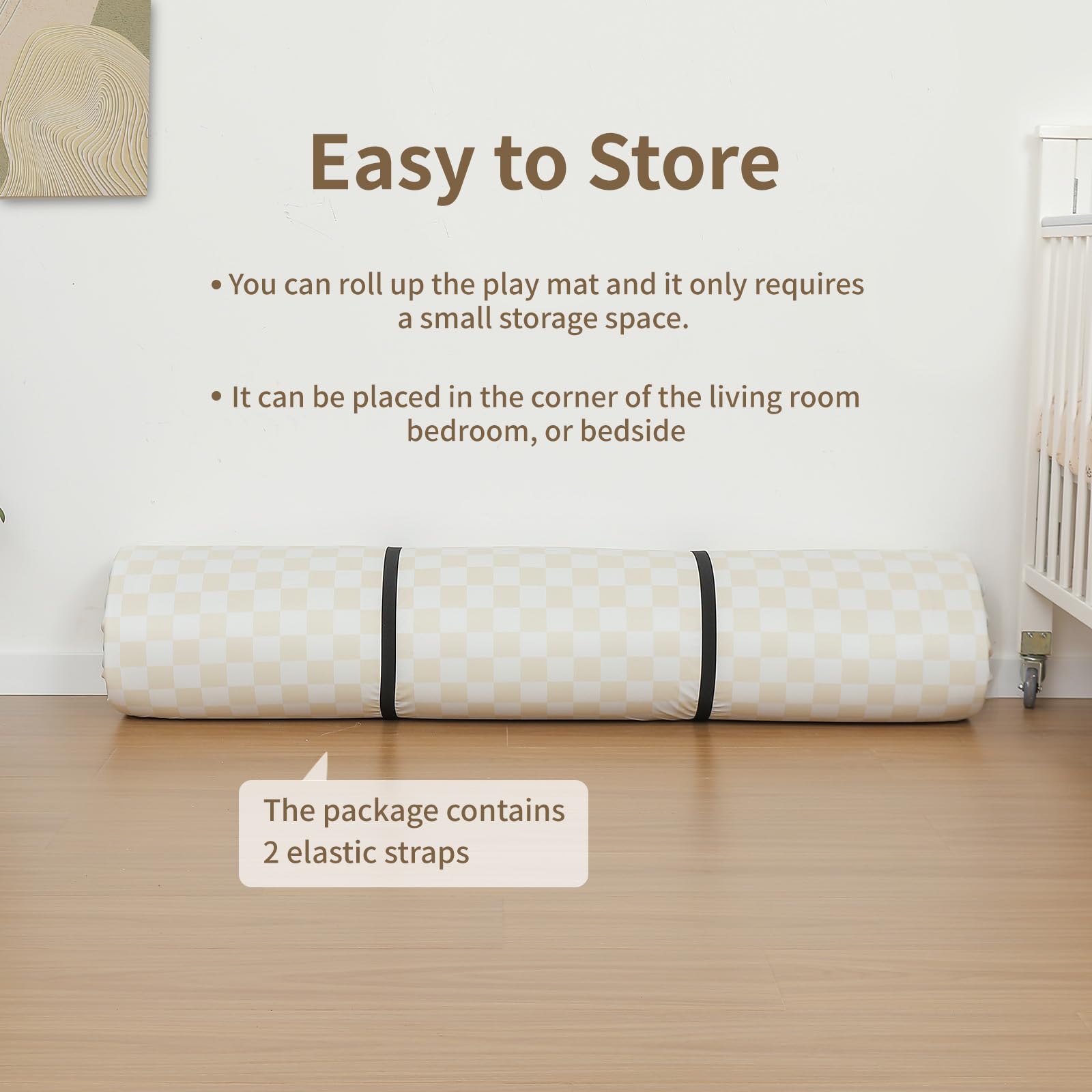 Yumiio beige checker mat is wipe-clean, suitable for daily spills and messes.