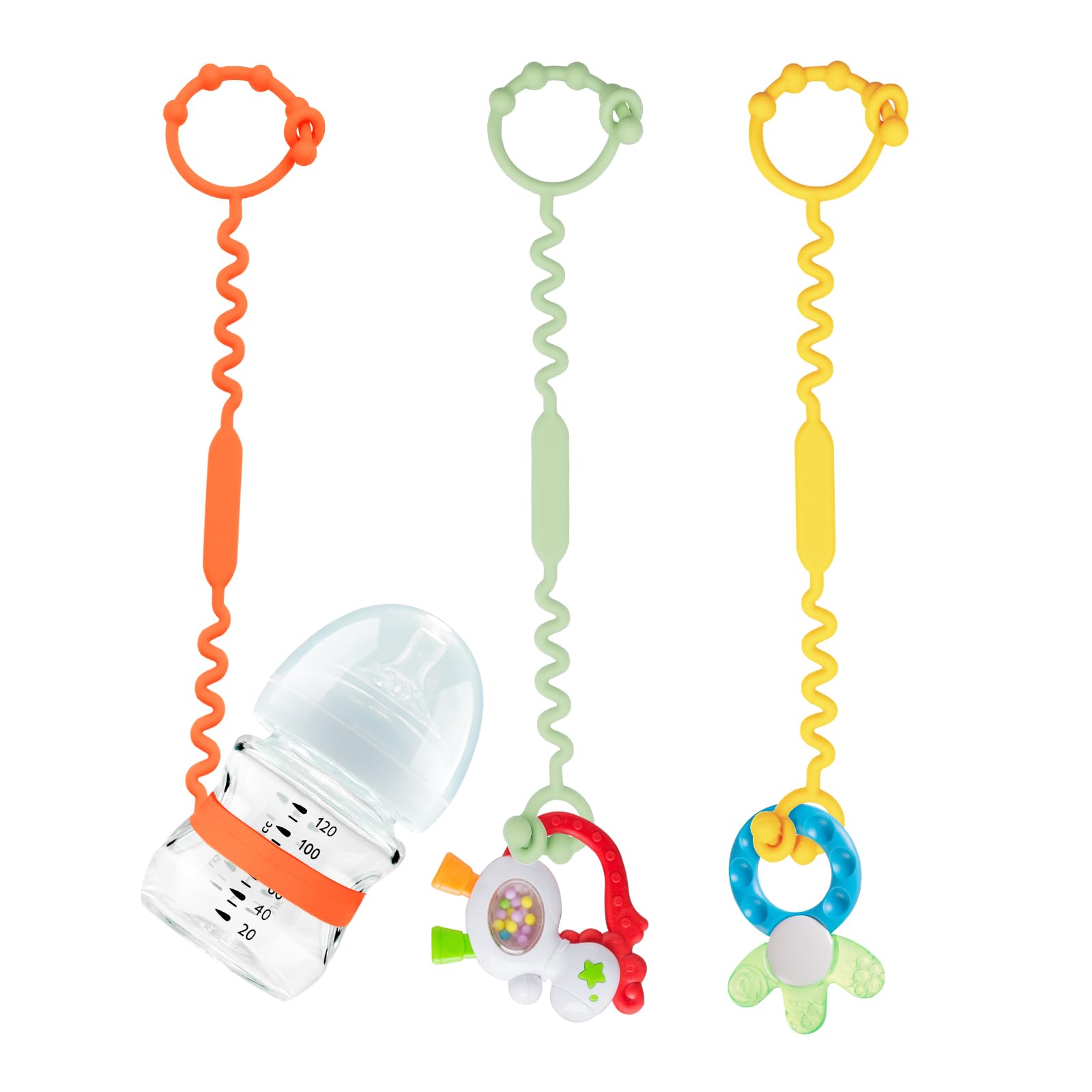 Yunaeduo toy straps clip to stroller to keep toys secure and reachable.