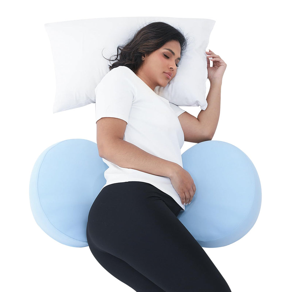 Yunari memory foam pregnancy pillow cooling blue full view for all-night comfort.