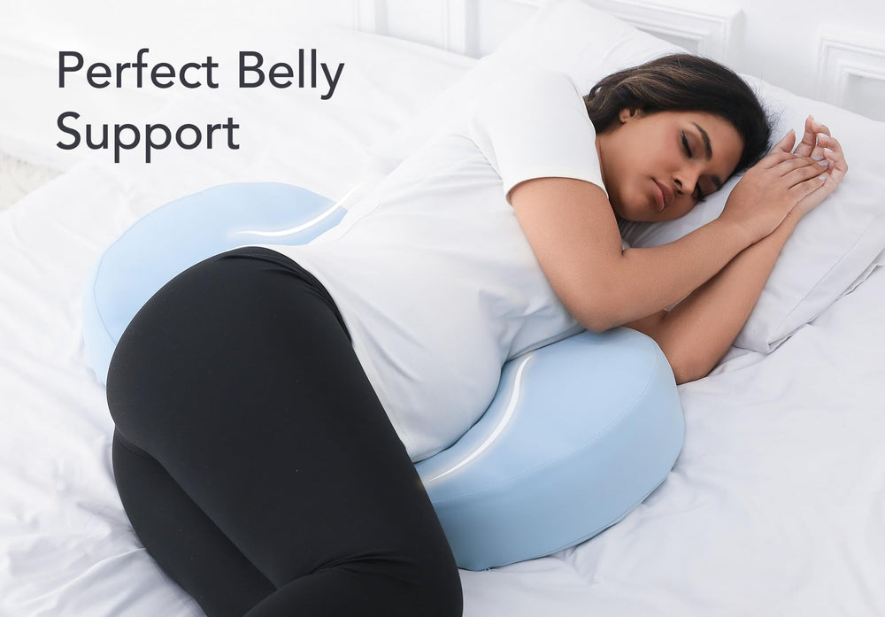 Yunari memory foam pregnancy pillow side sleep support helps aching hips and back.