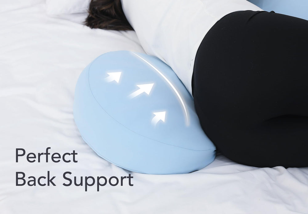 Yunari memory foam pregnancy pillow W-shape design provides targeted belly and back support.