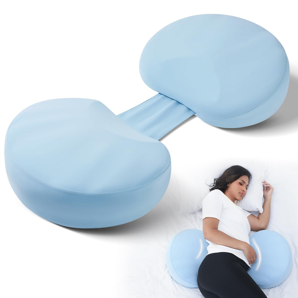 Yunari memory foam pregnancy pillow cooling silk blue close-up showing fabric texture and cover.