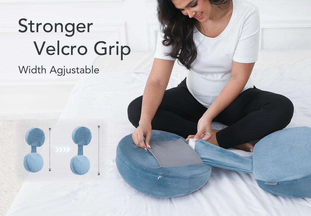 Yunari pregnancy-pillow belly support helps reduce strain on hips during sleep.