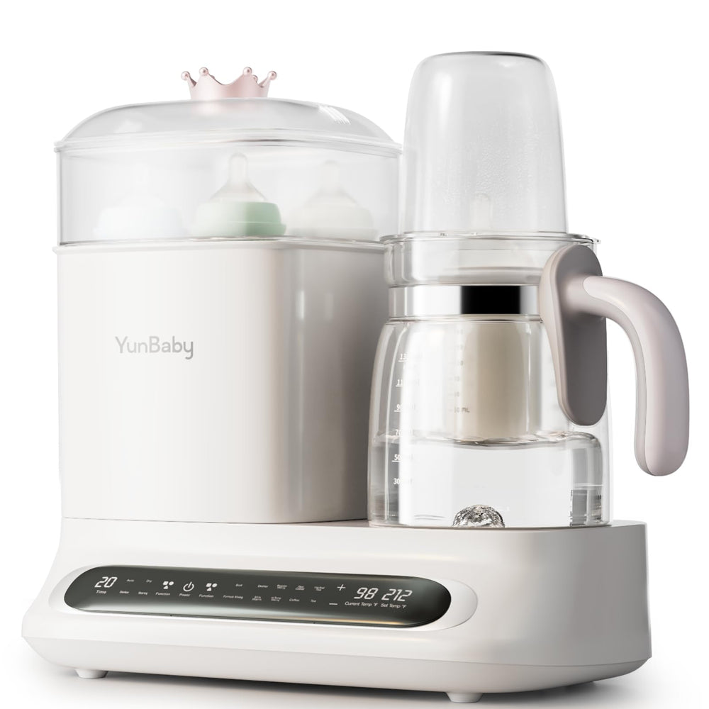 YunBaby 44oz glass kettle keeps hot water ready for late-night formula prep.