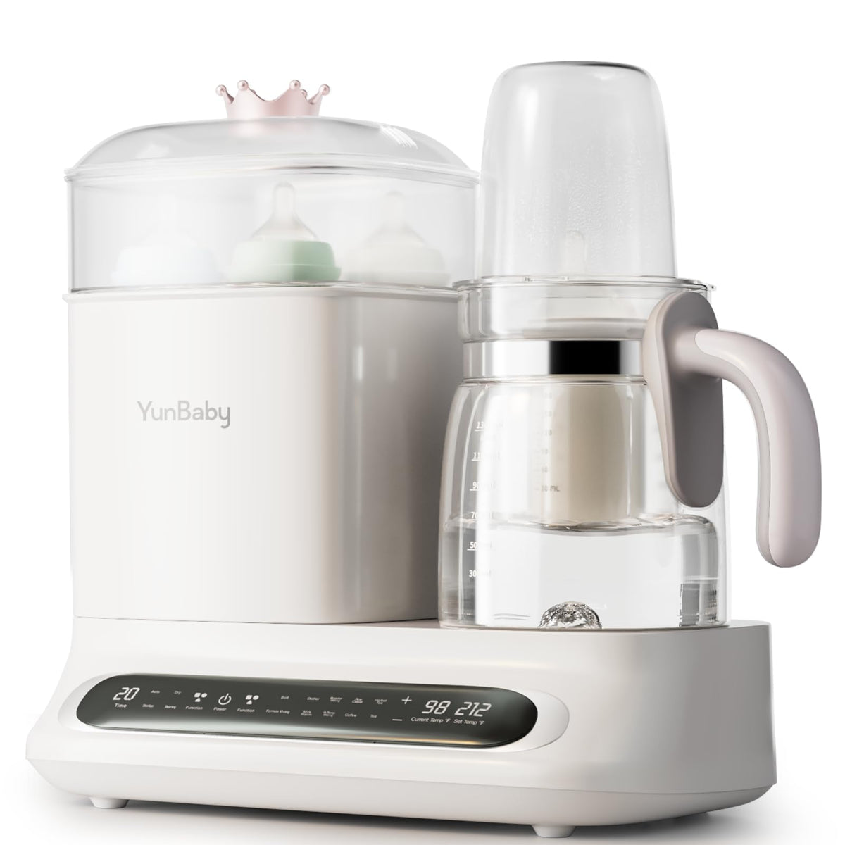 YunBaby 44oz glass kettle keeps hot water ready for late-night formula prep.