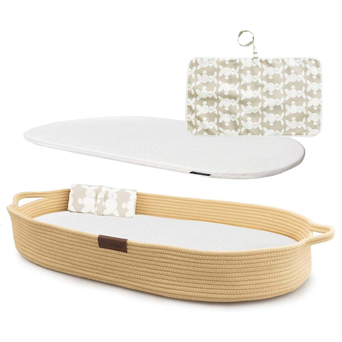 Yunioo baby changing basket with soft cotton rope texture for gentle newborn changes.