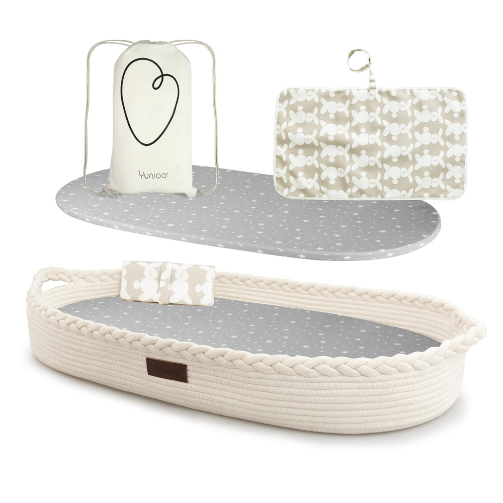Yunioo baby changing basket with soft cotton rope for gentle newborn diaper changes.