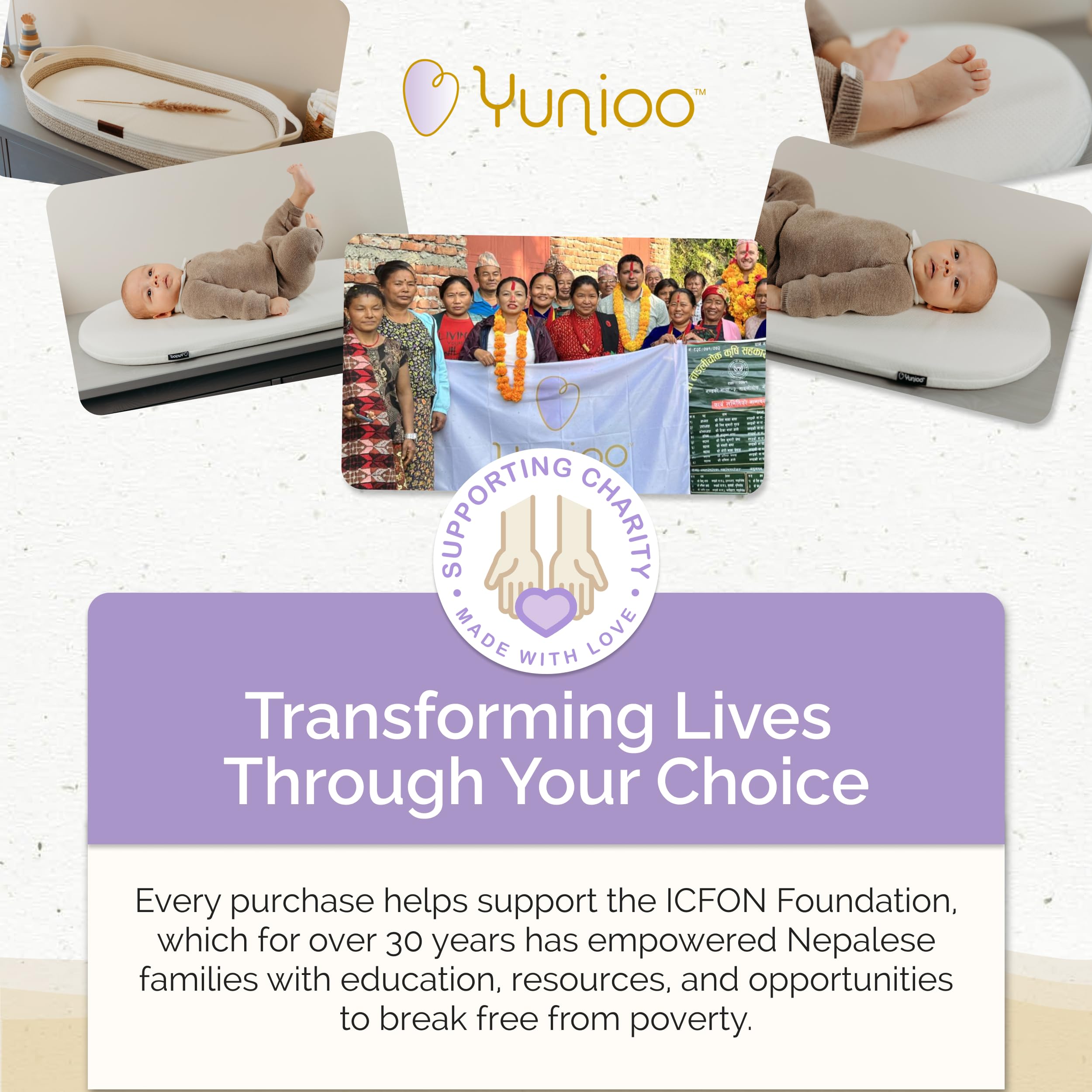 Yunioo charity donation icon indicating support with each purchase