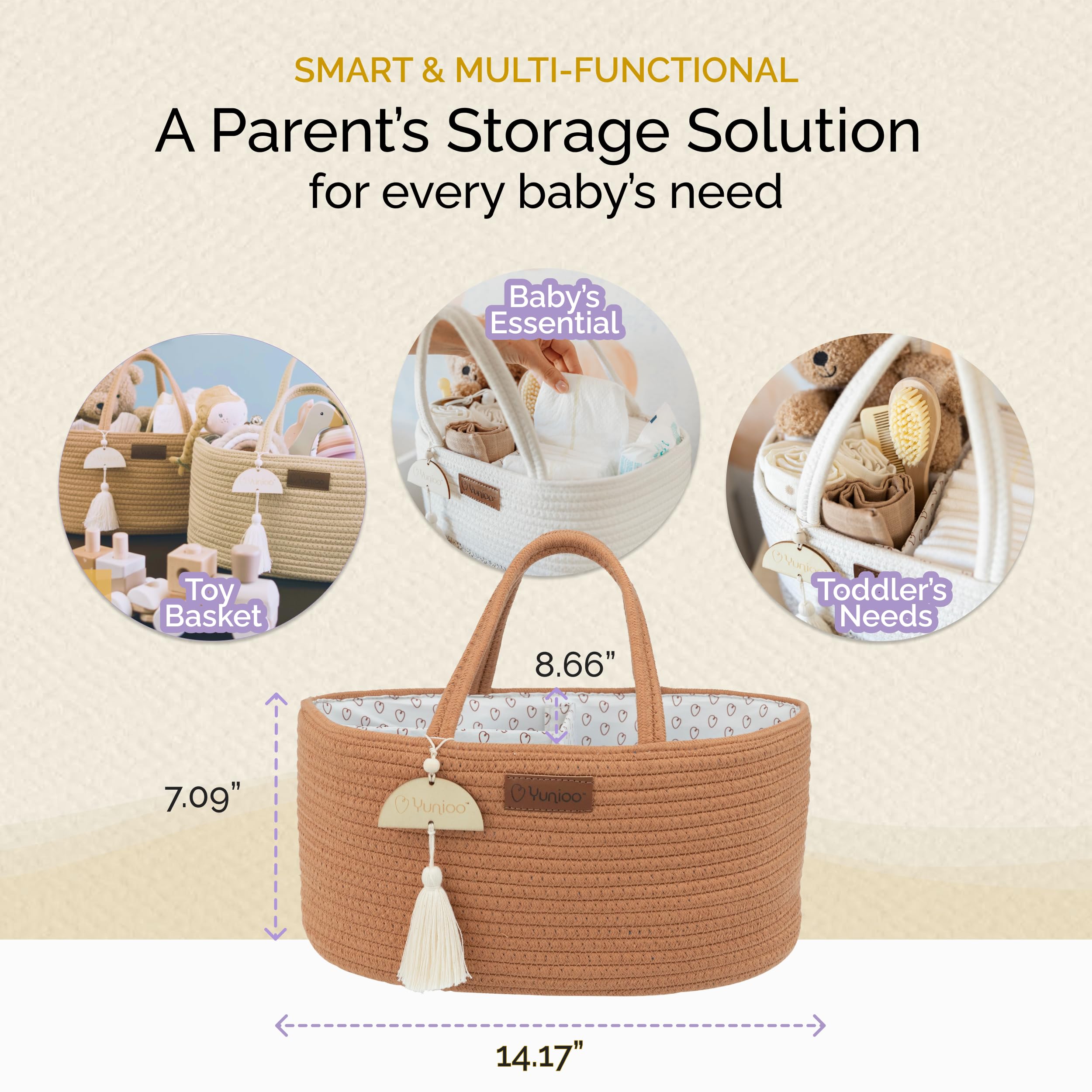 Yunioo diaper caddy inner lining with cotton rope adds a stylish, durable touch.