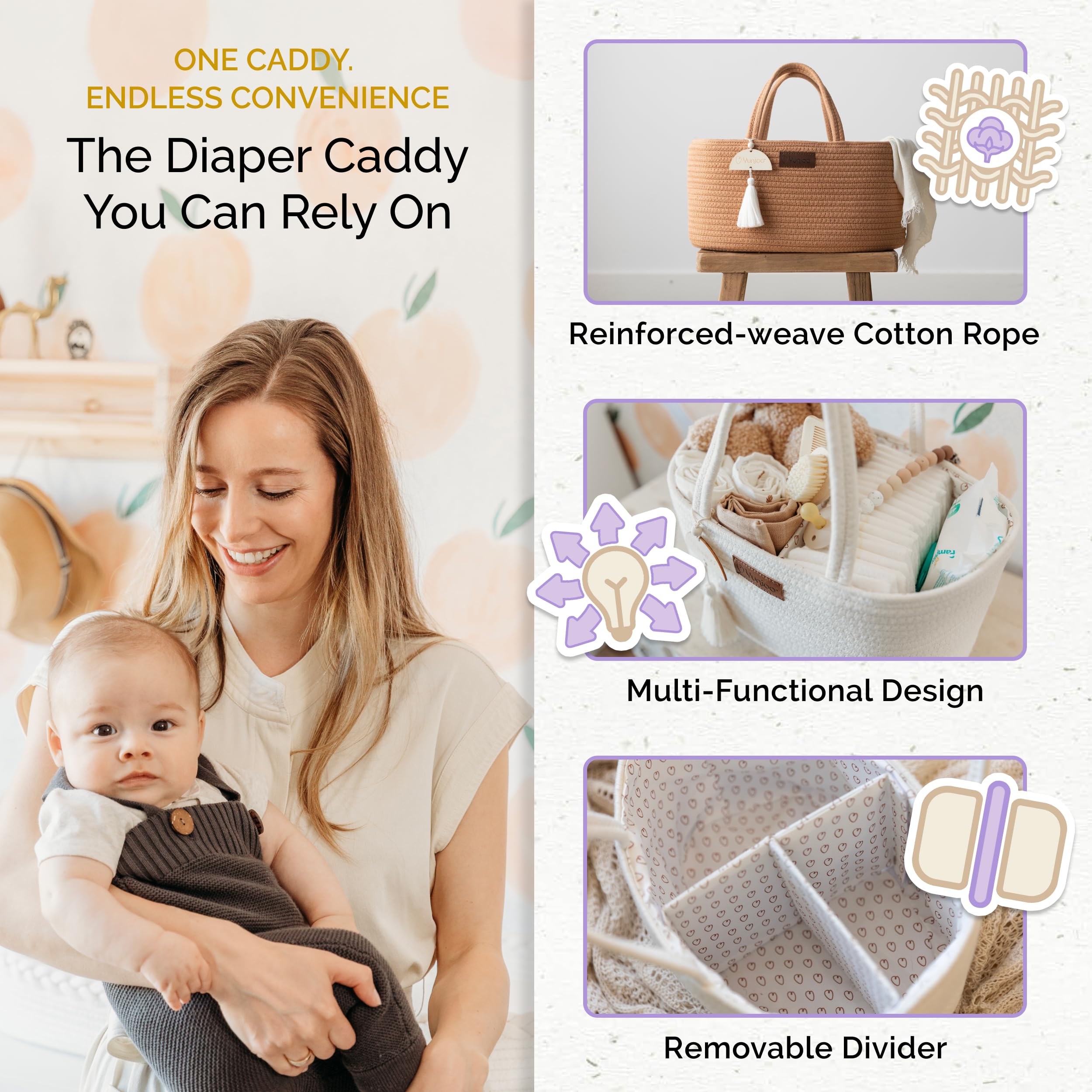 Yunioo diaper caddy sturdy handle highlights durable construction for everyday use.
