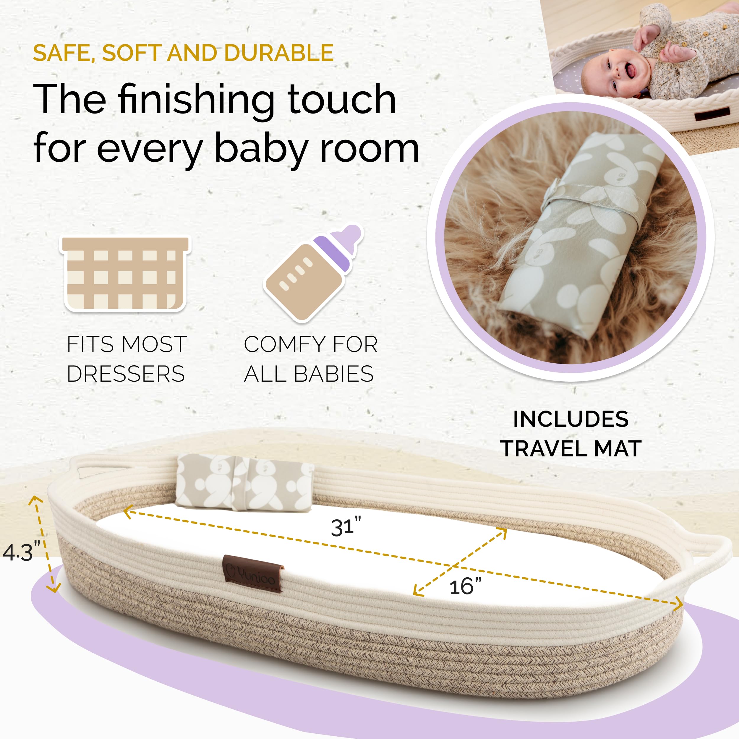 Yunioo waterproof diaper mat cover in bamboo fiber keeps messes contained and easy to wipe.