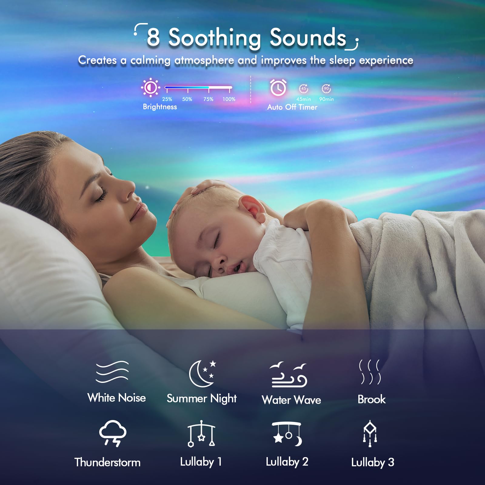 YunLone white noise lullabies support calm bedtime routines.