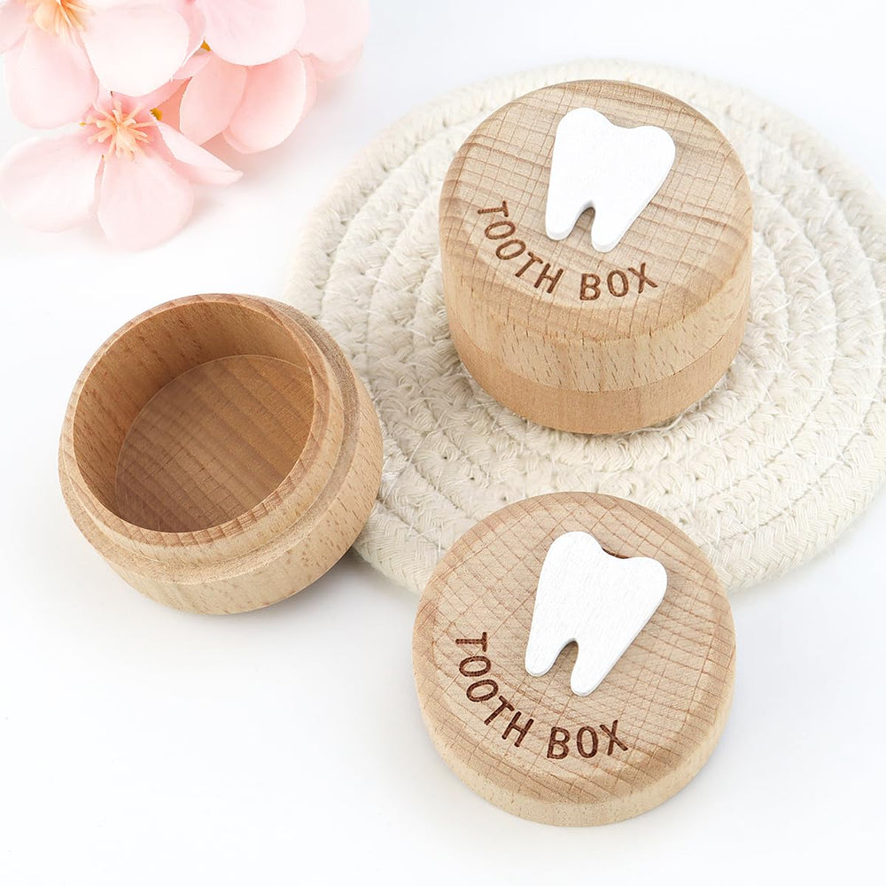 Yuntop Tooth Fairy Box engraving and wood grain on display close-up.