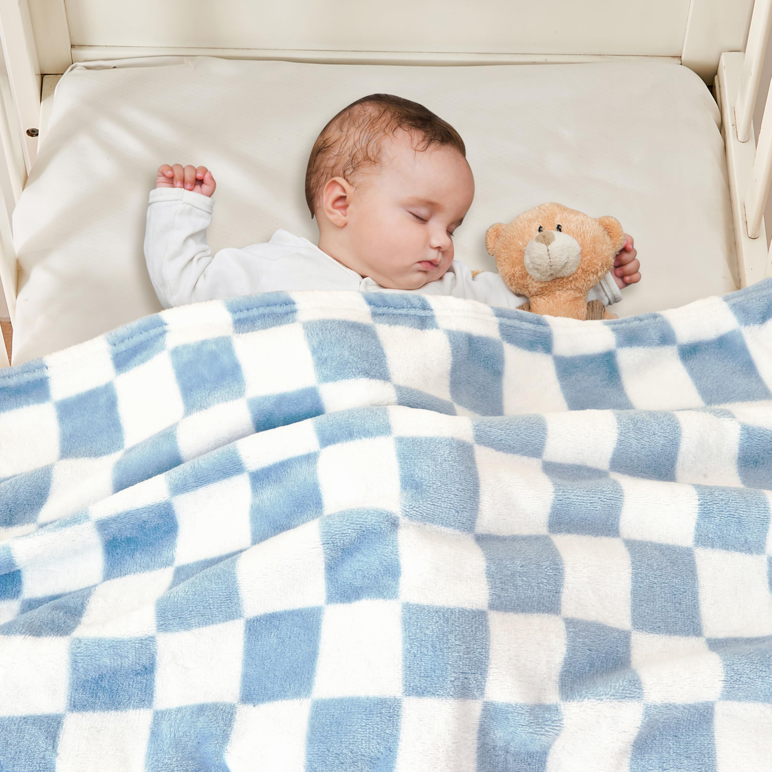 Yurhap checkered baby blanket blue swaddle use highlighting versatile swaddling and nap time.