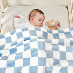 Yurhap checkered baby blanket blue swaddle use highlighting versatile swaddling and nap time.