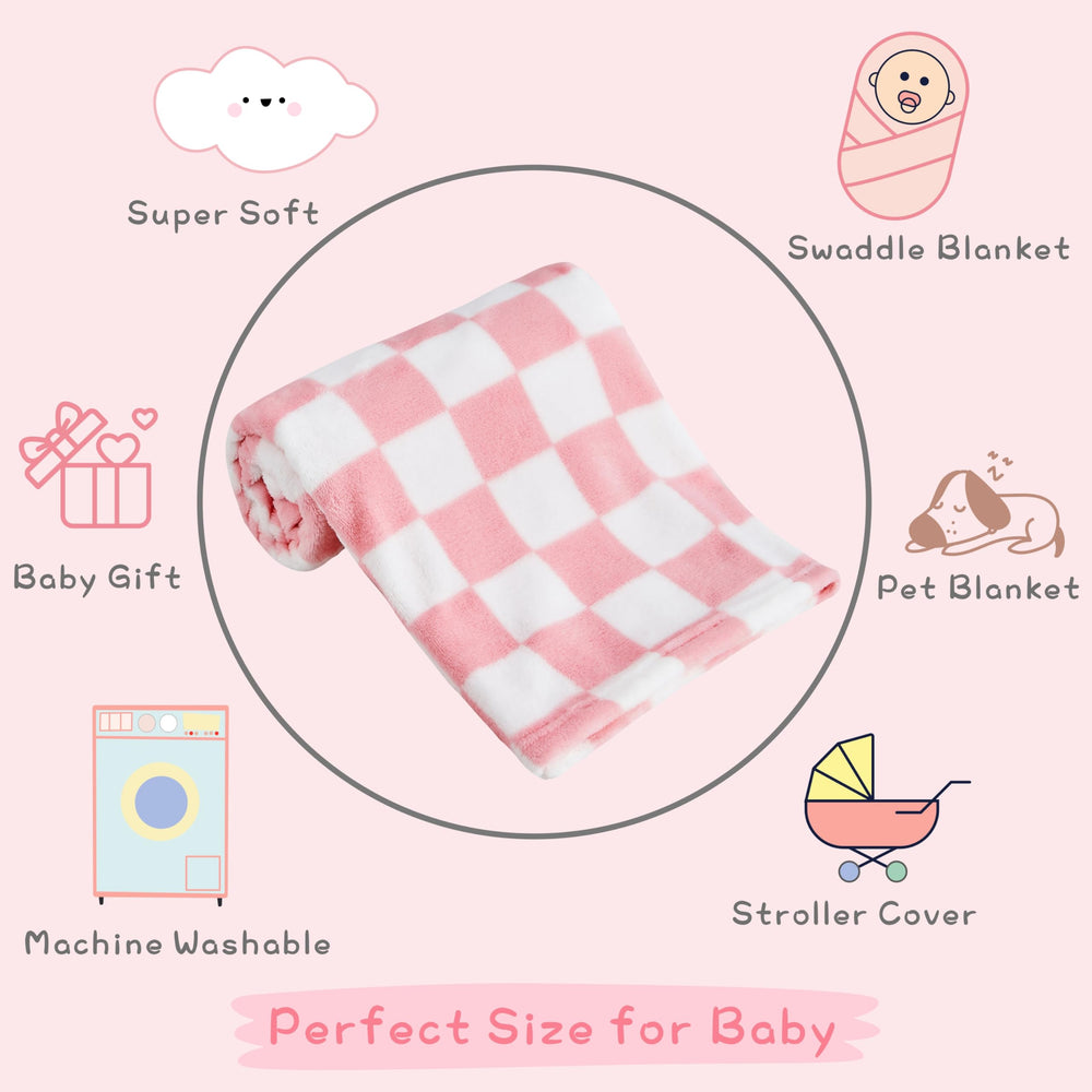 Yurhap pink checkered baby blanket close-up fabric showing microfiber softness.