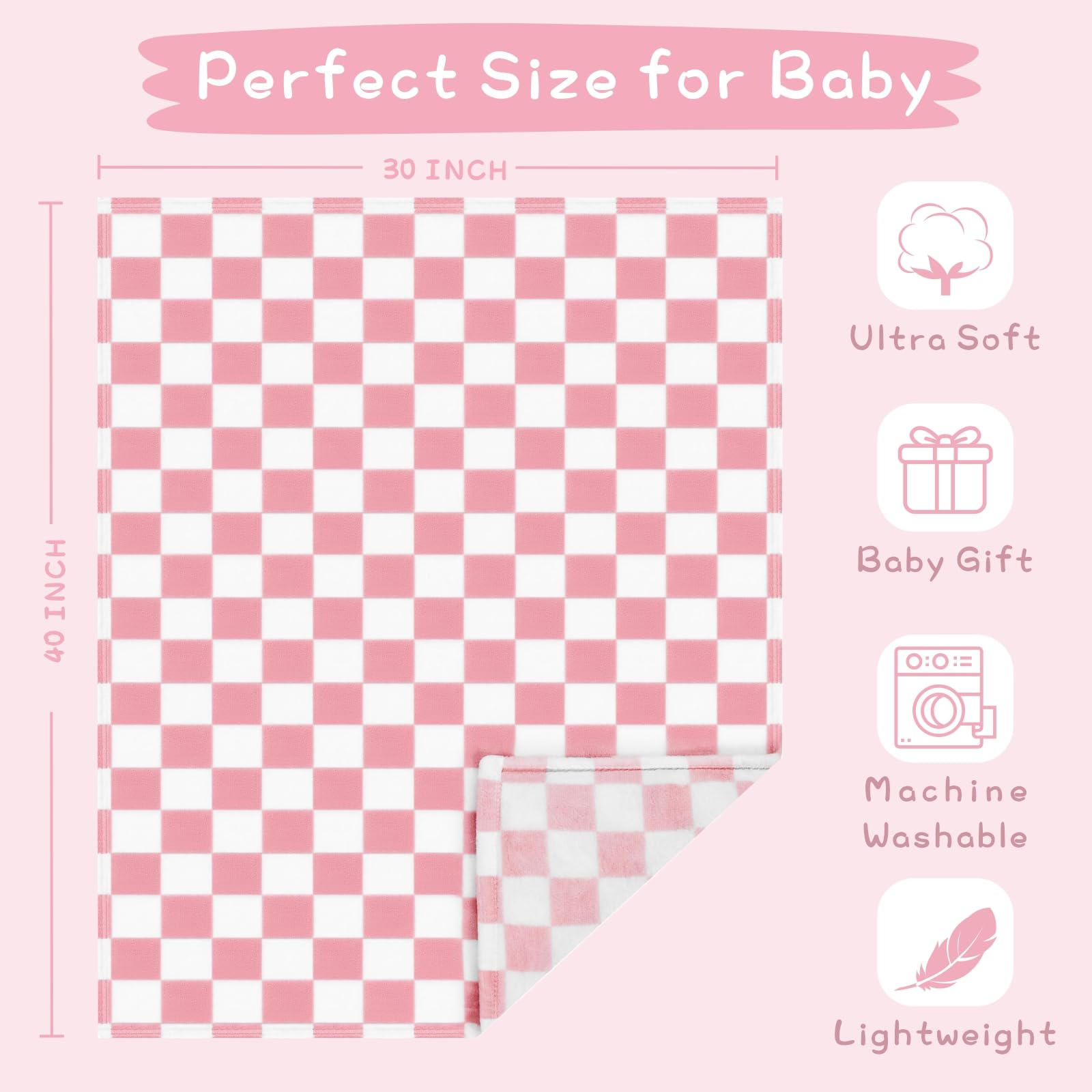 Yurhap pink checkered baby blanket swaddle-style close-up for newborn snugness.