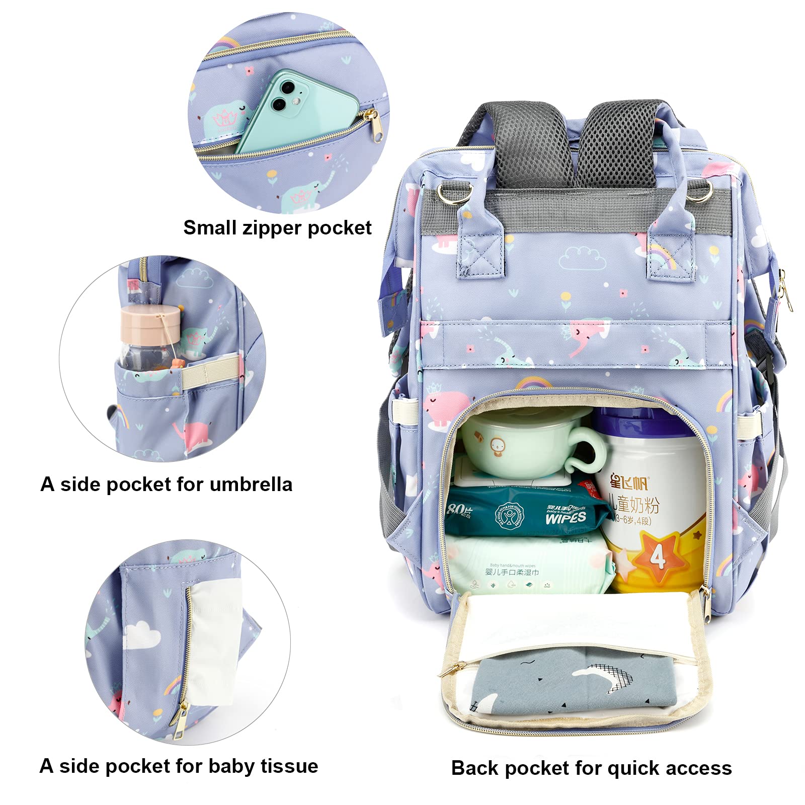 Yusudan Elephant Diaper Bag Backpack insulated bottle pockets keep bottles warm