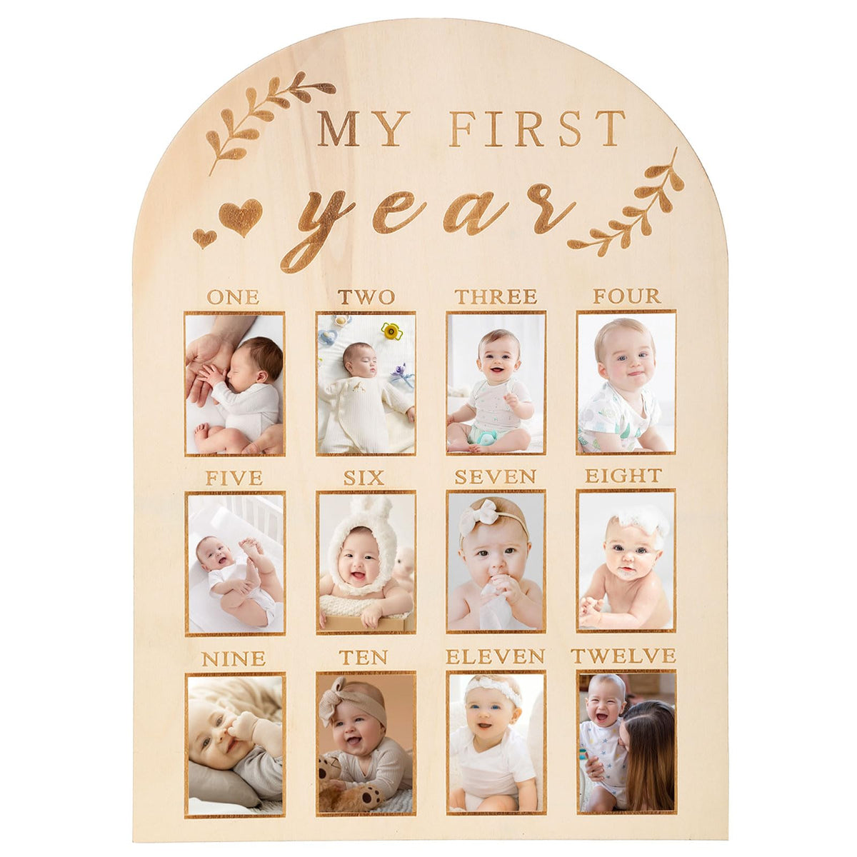 Yuuchoringee One Year Birthday Wooden Photo Board front view keepsake for nursery milestones