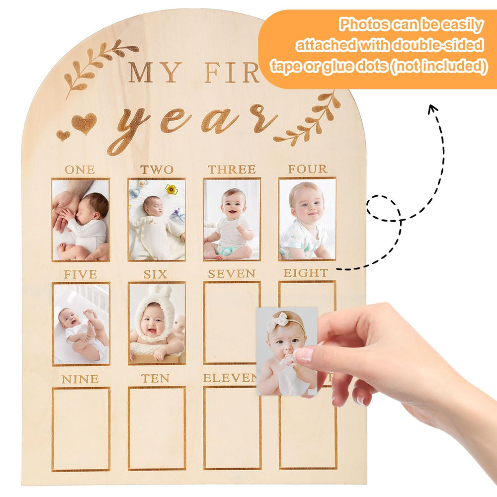Yuuchoringee wall-hanging photo board showcases monthly milestones as year-round decor