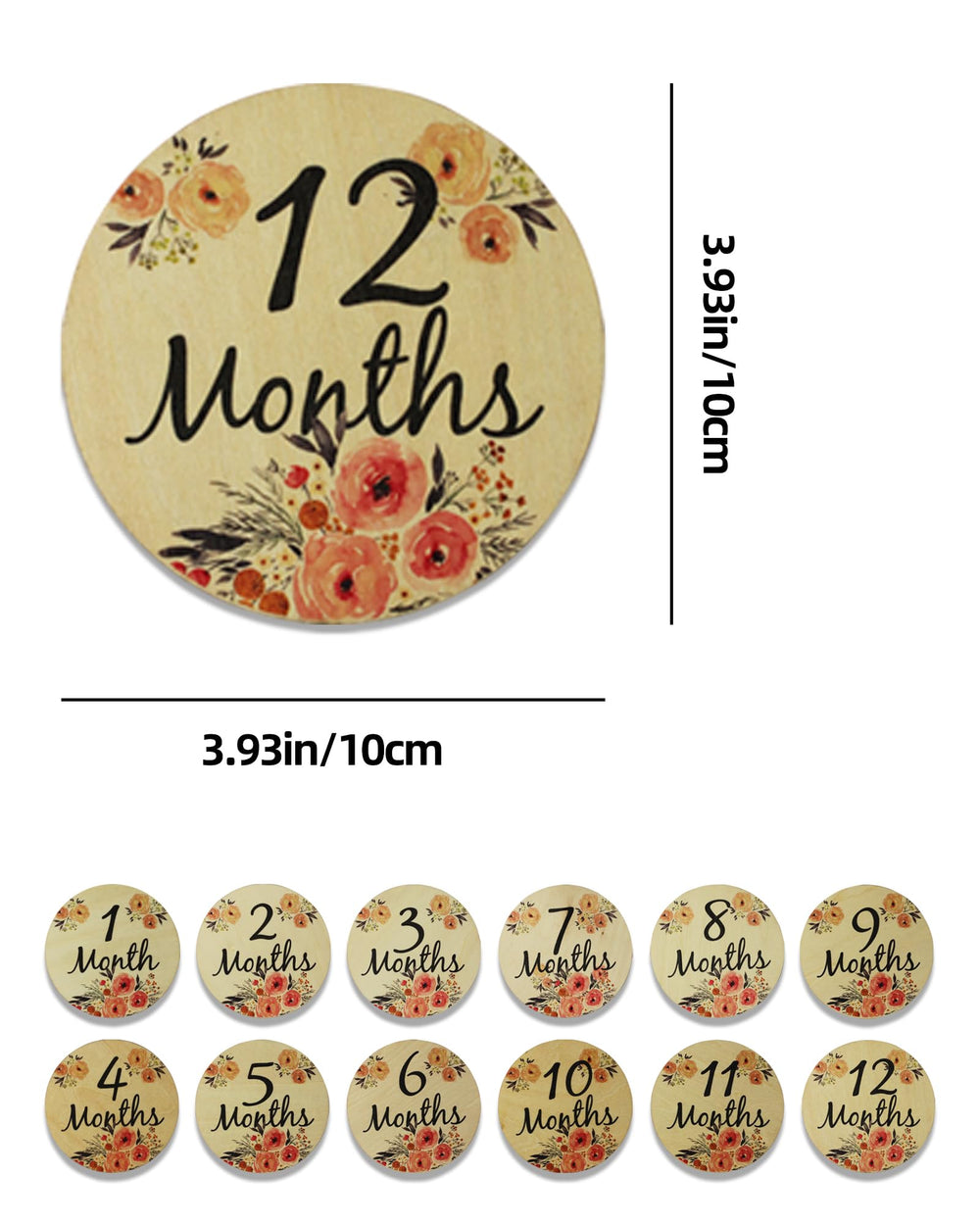 YUYUZSEN baby milestone card wooden circle floral back highlights month labels for tracking.
